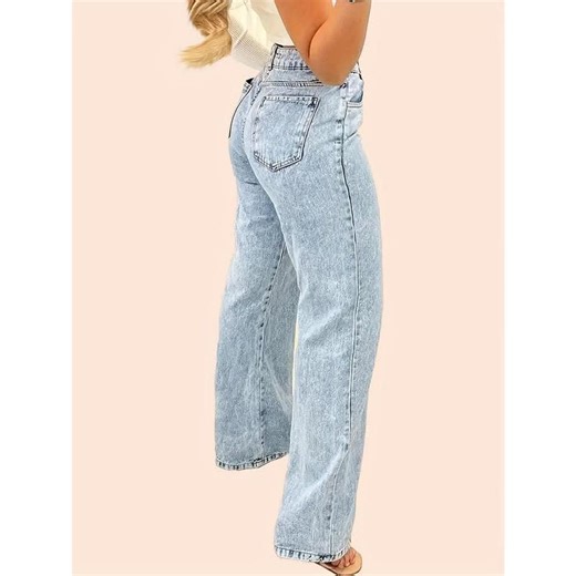 Versatile High-Rise Loose Fit Blue Jeans - Soft Washed Denim, Zipper Button Closure, Comfortable Casual Style for Fall - Perfect for Everyday Wear