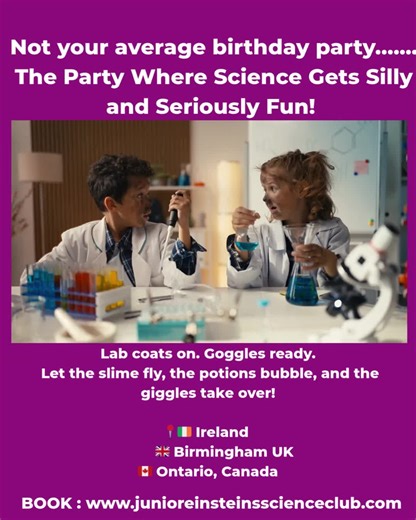 🎉 The Party Where Science Gets Silly — and Seriously Fun! 😄 Lab coats on. Goggles ready. Let the slime fly, the potions bubble, and the giggles take over! Junior Einsteins Science Parties aren’t your average birthday — they’re unforgettable science adventures where your child is the star 💥 ✅ Explosions & slime ✅ Laugh-out-loud experiments ✅ Real lab gear, real joy ✅ No screens — just smiles! 📍🇮🇪 Ireland | 🇬🇧 UK | 🇨🇦 Canada 🎈 Book now before dates vanish like smoke rings! 👉 www.junior