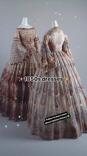 Agnes on Instagram: "1850s dresses ✨ ‘In the 1850s, the domed skirts of the 1840s continued to expand. Skirts were made fuller by means of flounces (deep ruffles), usually in tiers of three, gathered tightly at the top and stiffened with horsehair braid at the bottom. Early in the decade, bodices of morning dresses featured panels over the shoulder that were gathered into a blunt point at the slightly dropped waist. These bodices generally fastened in back by means of hooks and eyes, but a new f