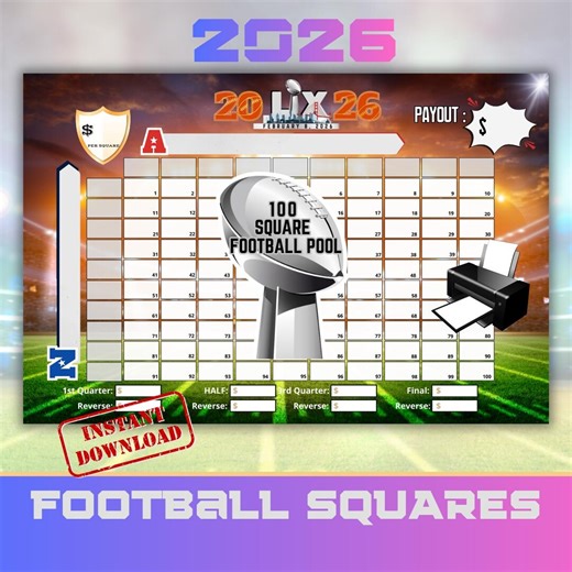 100 Square Football Pool Game | Printable Football Squares Board | Playoffs & Championship Party Game | Instant Download - Etsy