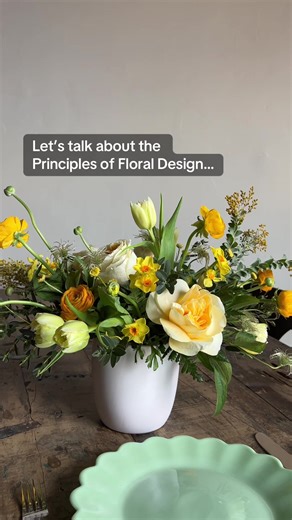 Principles of Floral Design Proportion & Scale * Proportion refers to the size relationship between the elements, such as, the flowers, foliage, container and accessories in a design. * Scale refers to the size relationship between the overall finished floral design piece and its setting, for example, a table centerpiece for a wedding in relation to the size of the guest table or the overall venue space. Harmony & Unity * Harmony refers to the pleasing combination of materials, colors and textur