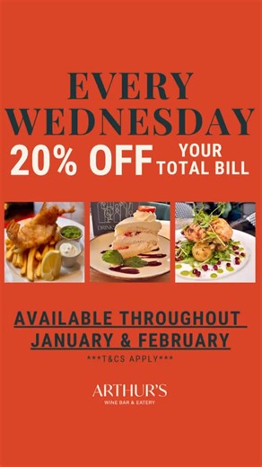 ⭐️ A PROPER MID-WEEK TREAT ⭐️ Every Wednesday at Arthur’s Hoylake🍷Enjoy 20% off your total bill‼️ Available throughout January AND February 🤩 it’s the perfect mid-week excuse to relax, indulge & enjoy your Arthur’s favourites 💯 Terms & conditions apply 😎 if you do have any questions please check when making your reservation with us 🙏🏼 you can find all the info you need to make a booking via the link 🔗 in our bio #hoylake #wirrallife #eatlocal | Arthur's of Hoylake