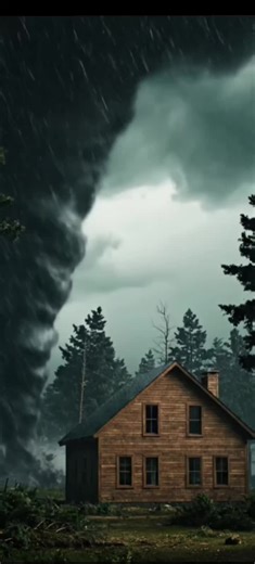 a tornado blowing down a house in the woods