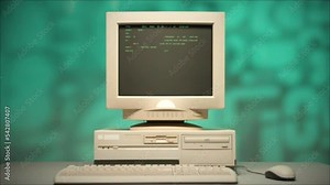 Retro pc with loading code console, programmer making scripts, green basic screen, Old computer studio close-up, Desktop vintage retro wave display, late 90s PC.