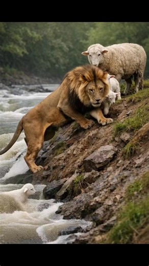 A powerful male lion descends a steep riverbank, gently retrieves a stranded lamb from the edge of a raging river by the scruff of its neck, and carries it back up the slope to reunite it with an adult sheep, displaying an unexpected act of compassion. | Banwari comedy