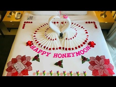 Peacock towel art | how to decorate bed | honeymoon bed decoration with flowers