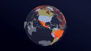 The globe with world map. Dark translucent earth planet in multicolored colors rotating. Second turn changes colors to red hues. 4K beautiful loop animation.