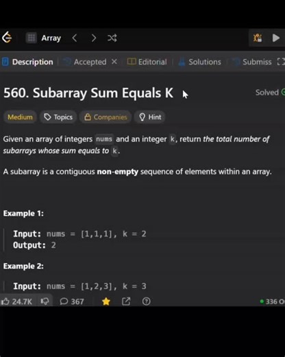 Gopika on Instagram: "Day 7: Subarray sum equals K leedcode problem solution 💯 #java #problemsolving #explorepage #learning #code"