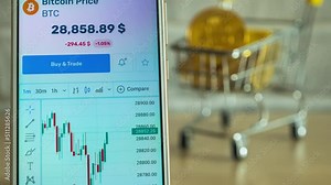 Close-up of the Bitcoin cryptocurrency value in U.S. dollars. The rise and fall in the value of BTC. Bitcoin price in dollars on the smartphone screen. A running chart of the digital currency price