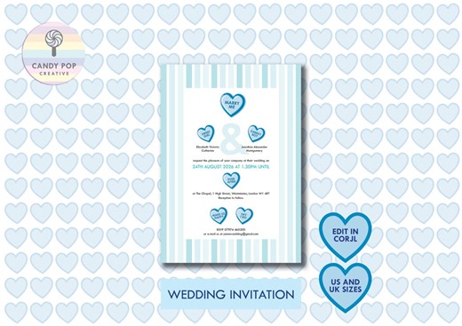 Editable Love Heart Wedding Invitation Romantic Digital Invite | Corjl Instant Download | Cyan | UK & US Templates | Printable - Etsy