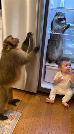 Monkey opens the door, Raccoon grabs the milk, Baby waits! 🐒🤝🦝 #FridgeRaid #SmartAnimals #BabyFood #Teamwork #FunnyPets #USA | Sebastian Cafe Latin Restaurant