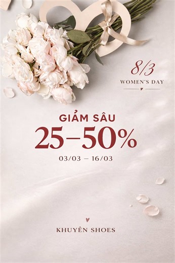 🌷 WOMEN’S DAY 8/3 – NÀNG YÊU RỰC RỠ Nhân dịp Quốc tế Phụ nữ 8/3, shop dành tặng nàng chương trình ưu đãi đặc biệt cho hàng lẻ size ( album hàng lẻ size sẽ được cập nhật chi tiết theo từng size ) - Giảm từ 25% – 50% - Áp dụng khi mua offline lẫn online ( không áp dụng TMDT). Ưu tiên khách đến xem trực tiếp và thử vì rất nhiều hàng lẻ size và mẫu shop chưa đăng bao giờ - Thời gian: 03/03 – 16/03 khung giờ 8 đến 20 h hằng ngày Những đôi giày cuối cùng – size giới hạn – giá đẹp nhất mùa. Cơ hội để 