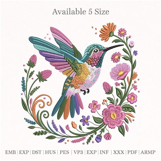 Hummingbird Floral Embroidery Design, Colorful Bird with Flowers, Spring Nature Embroidery File, Machine Embroidery Pattern