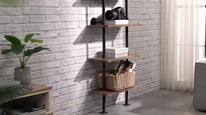 HOMBAZAAR Industrial Pipe Bookshelf,6 Tier Pipe Shelving,Wall Mounted Ladder Shelves with Metal Frame for Home Office,Living Room,Oak Brown