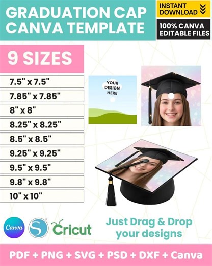 Graduation Cap Topper Template Canva, 9 Sizes Grad Cap Topper SVG, Editable Senior Cap Topper, Sublimation Graduation Hat,class of 2025 2026 - Etsy