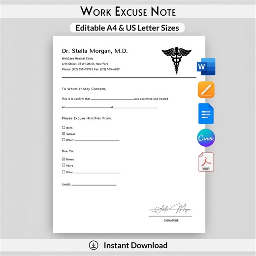 Editable Doctor Excuse Note Template | Urgent Care Excuse Letter | Printable Medical Excuse Note for Work & School | Sick Leave Form - Etsy Australia