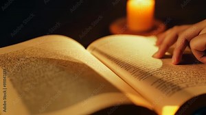 Woman reading book by candlelight, finger tracing text on page Stock Video
