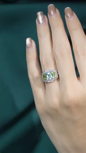 Blue Topaz Peridot Diamond Art Deco Style Three Stone Ring
