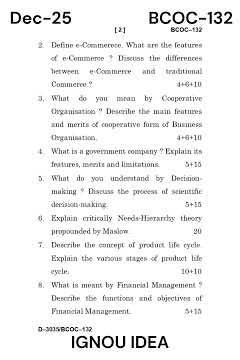 BCOC - 132 | Business Organisation and Management | December2025Question #ignou #importantquestions