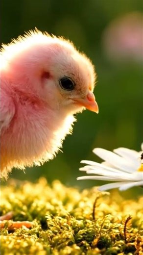 Tiny Pink Chick Meets a Ladybug for the First Time
