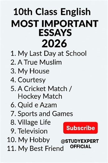 Top 11 Most Important Essays for 10th Class English 2026 | Exam Guess Paper