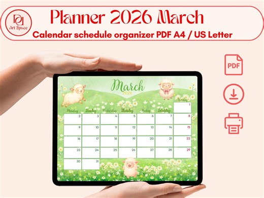 March 2026 Calendar: Sheep & Daisies Printable Planner (A4/US Letter PDF Download - Etsy