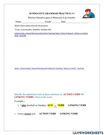 Linking and Action Verbs worksheet