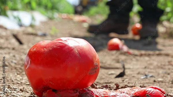 Closeup footage of a wasted tomato in the harvesting process, on a sunny day