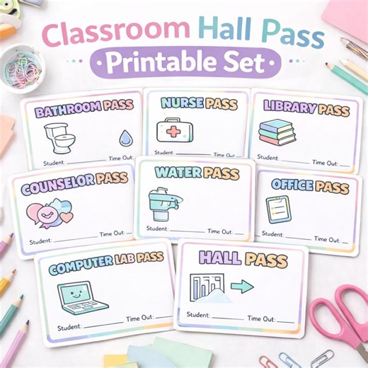Classroom Hall Pass Printable Set | Bathroom Nurse Office Library Counselor Water Computer Lab Hall Passes - Etsy UK