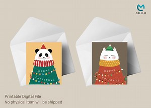 Panda & Cat Christmas Cards – Printable Holiday Card Set (PDF)