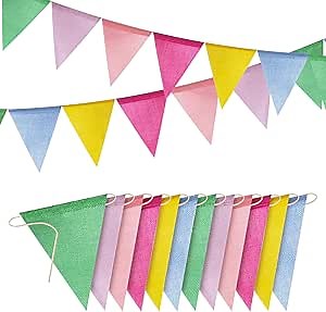 60 Flags/36ft Burlap Imitated Pastel Triangle Pennant Banner Flags Garland - Multicolor Rainbow Bunting for Birthday and Outdoor Party Festival School Classroom Hanging Decoration