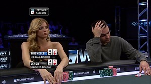 Trishelle goes all-in with her pocket kings against Leron's stronger hand. The flop is revealed, and her excitement shows with a smile. Will luck be on her side to take the pot? | World Poker Tour (WPT)