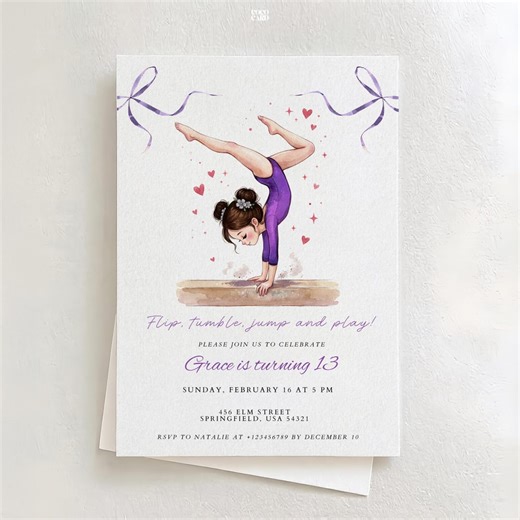 Gymnastics Birthday Invitation Template: Any Age Purple Girl Tumble Party Invite (canva Editable, Instant Download) - Etsy