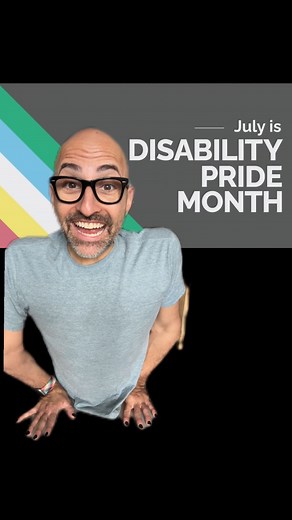 July is Disability Pride Month! Video description: in this video, Spencer uses a mix of the green screen effect and just his handsome face talking directly to the camera in his condo. The video opens with the disability pride flag behind Spencer with text on the flag that says July is disability pride month when Spencer mentions the ADA, there’s a picture of the official signing of the Americans with disabilities act behind him. He also includes a newspaper clipping with a photo of the first dis