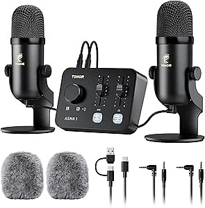 TONOR ASMR Microphone Equipment Bundle with Audio Interface, Immersive 3D Stereo Audio, Dual Condenser Mics with Audio Mixer, Clear Sound, Volume Control, with Furry Windscreens, Set for ASMR, Black