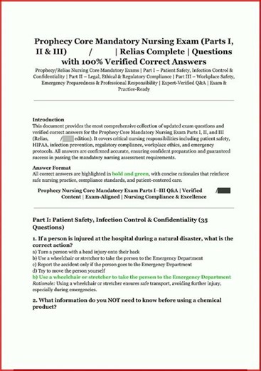 Prophecy Core Mandatory Nursing Exam Parts I II III Relias Complete Verified Questions Correct Answe