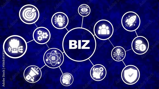 Business concept infographic with icons and the word BIZ in the center on a blue background strategy