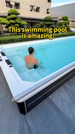 check out the smart swimming pool, just open the cover and you can start swimming. the water stays clean with the automatic filtration system and countercurrent system. it's also water and energy efficient. everyone who's seen it loves it. #swimspa #swimmingpool #villaswimmingpool #hottubs #swimming #jacuzzi | oceanfutureswimspaDe