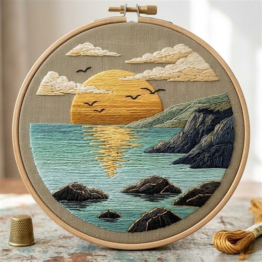Ocean Sunset Embroidery Pattern, Coastal Landscape Hoop Art, Seaside Needlework Design (digital Download) - Etsy