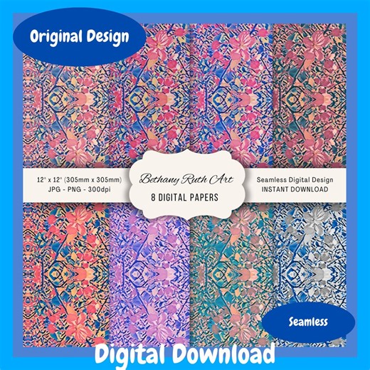Floral Seamless Patterns: Colorful Flower Digital Paper Pack With Boho Garden Vibes - Etsy