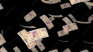 200 Indian Rupee bills falling down. Banknotes isolated on transparent background. Jackpot or lottery prize. Business. Alpha channel.