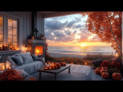 🍂🌊 Cozy Autumn Oceanfront Porch | Candlelight, Pumpkins, Crackling Fireplace & Ocean Waves 🎃🔥🕯️
