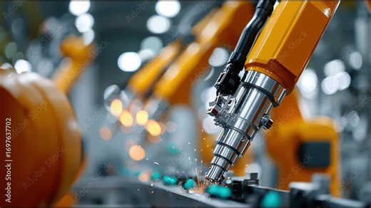 Industrial robot welding in a modern manufacturing facility with sparks flying during assembly process