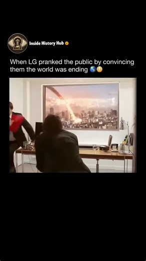 Inside History Hub on Instagram: "😱🪟💻 LG's 2013 office prank tricked workers with a fake city disaster on screen. People sat facing a big window that suddenly showed meteors, explosions, and chaos outside. Follow @insidehistoryhub for more 😂 They ducked, flinched, and jumped before seeing it was all on a hidden LG Ultra HD display. The clever setup created hilarious panic and proved screens can fool eyes perfectly."