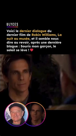 Ulyces on Instagram: "❤️ Salut tout le monde, notre petite équipe est partie en vacances, du coup on vous a préparé des classiques d’internet et des republications stylées. Merci à tous pour votre confiance ! On va passer du temps avec ceux que l'on aime, et fêter Noël dans la joie. On revient le 5 janvier, on vous souhaite à tous de l'amour et du bonheur ! va ❤️ La toute dernière scène tournée de Robin Williams date de La Nuit au musée : Le Secret des pharaons (2014), où il incarnait une derniè