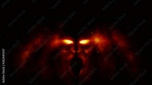 Scary demon ghost in darkness. 2D animation. Gloomy monster face in haze video clip. Horror fantasy genre. Creepy Halloween backdrop. Spooky animated short film. Black and orange color background.