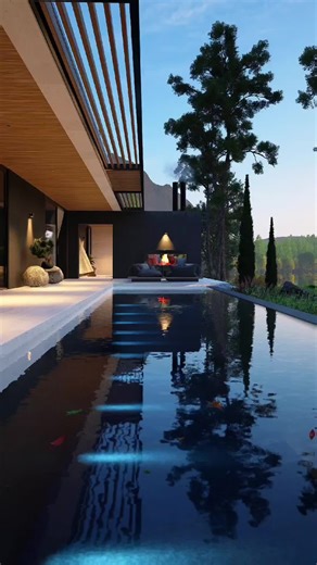 Modern lakeside villa with outdoor fireplace and infinity pool. TikTok