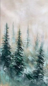 Misty Forest Painting, Textured Evergreen Tree Wall Art, Modern Nature Art, Large Woodland Artwork