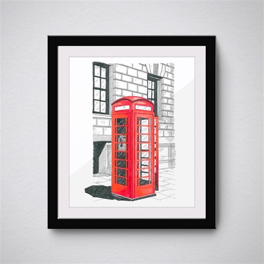 London Red Phone Box – Hand-drawn Pen & Ink – Coloured Pencils – A3 Digital Download Print - Etsy