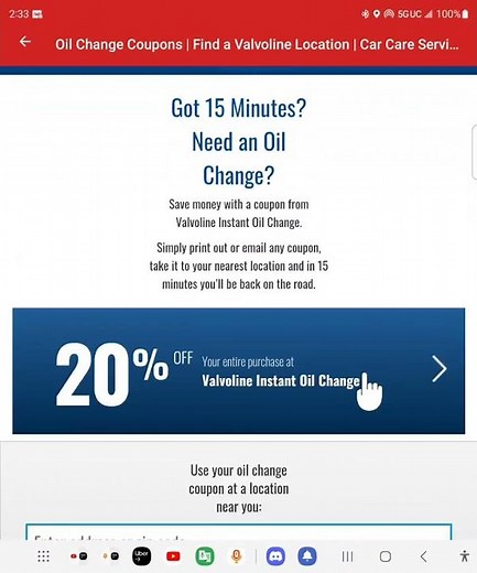 valvoline instant oil change 20% coupon yelp